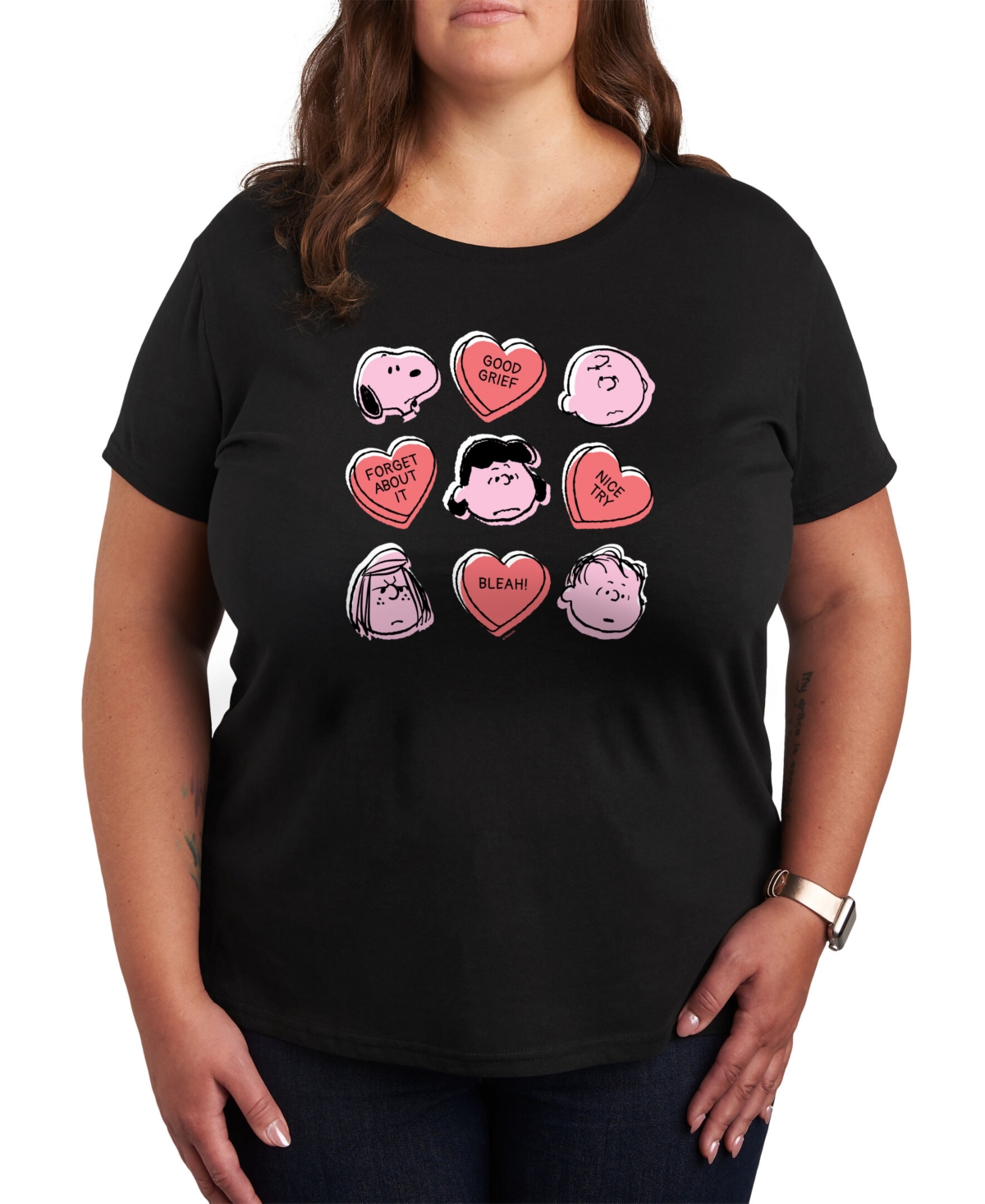 Air Waves Trendy Plus Size Peanuts Valentine's Day Graphic T-shirt - Black