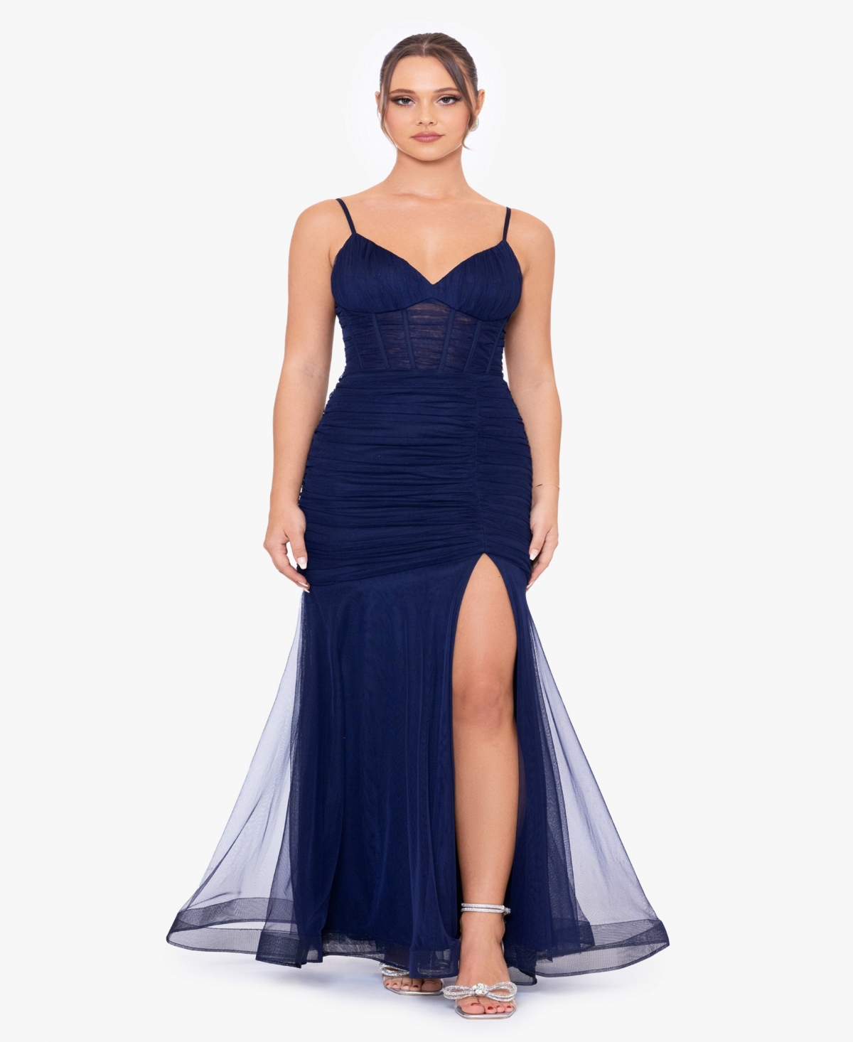 Blondie Nites Juniors' Ruched Sweetheart-neck Corset Gown In Navy