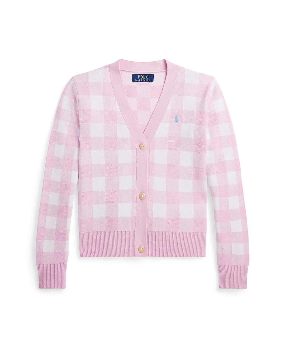 Polo Ralph Lauren Kids' Big Girls Gingham Boxy Cotton Cardigan Sweater In Pink Multi With Blue Hyacinth