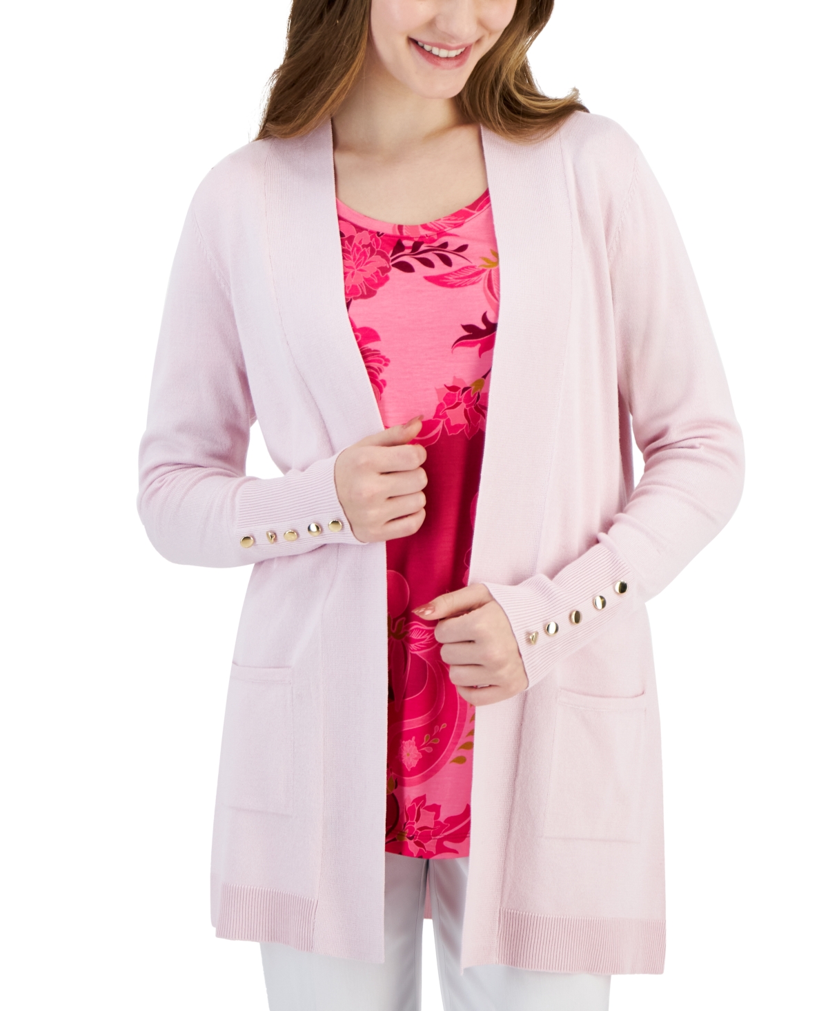 Jm Collection Petite Open-front Button-cuff Cardigan, Created For Macy's In Lilac Sky