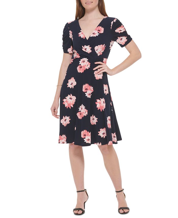 Tommy Hilfiger Petite Floral-Print Ruched-Sleeve Dress - Macy's