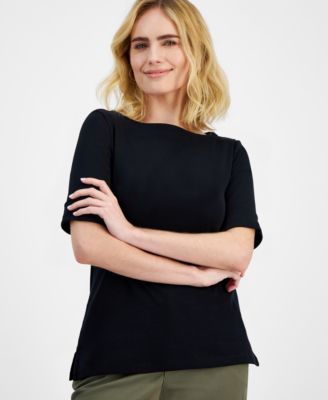 Petite Cotton Elbow-Sleeve Boat-Neck Top