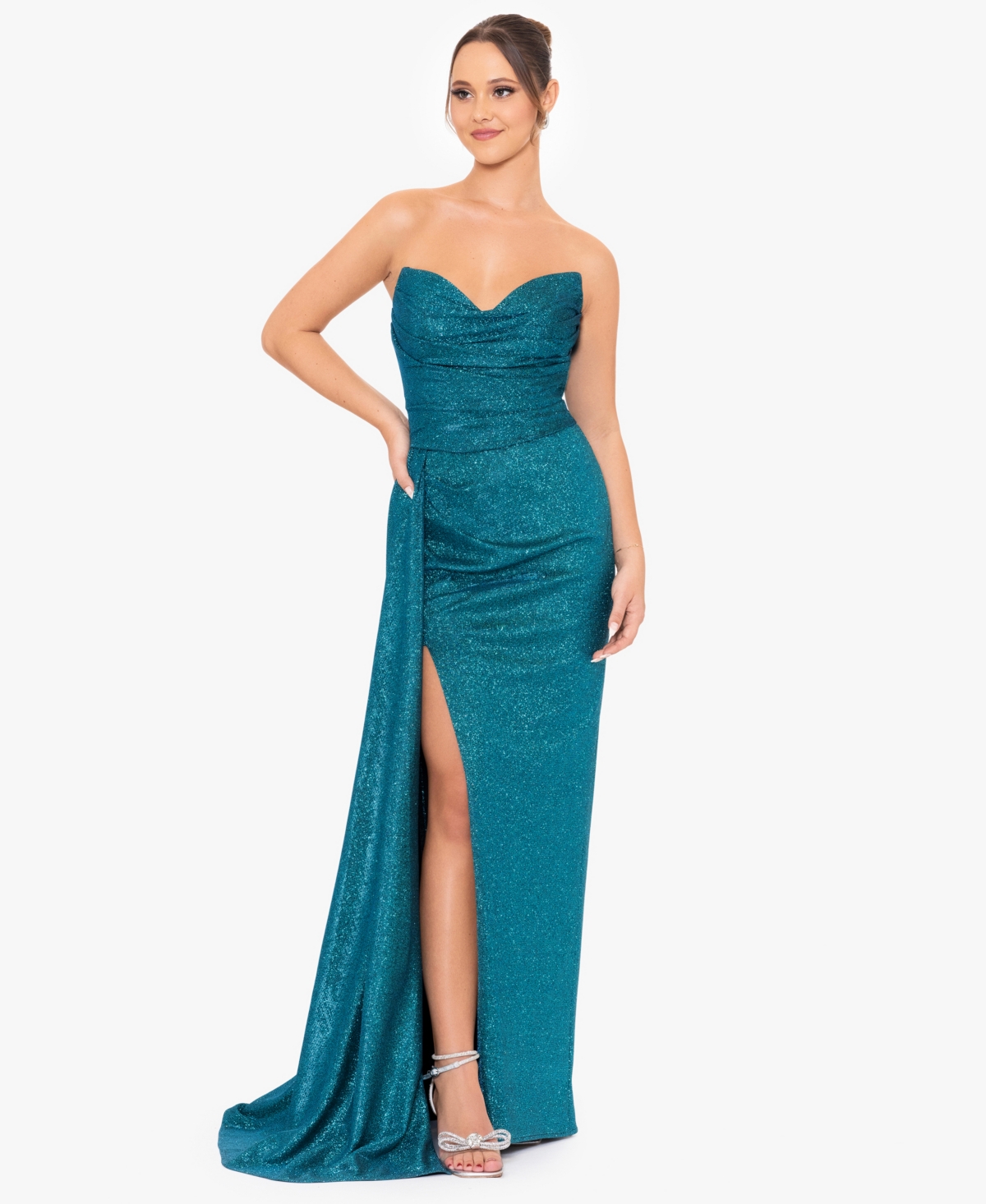 Juniors' Glittered Ruched Strapless Gown - Teal