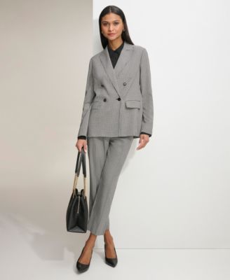 Karl Lagerfeld Womens Gingham Double Breasted Blazer Ruffled Blouse Gingham Straight Leg Pants In Black