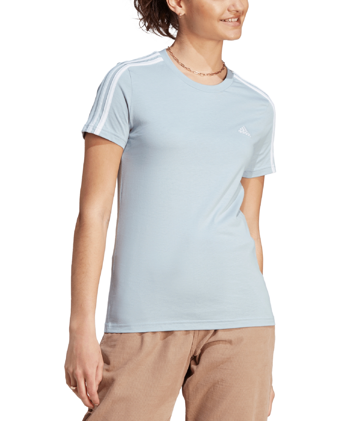 Adidas Originals Women's Essentials Cotton 3 Stripe T-shirt In Wonder Blue,white