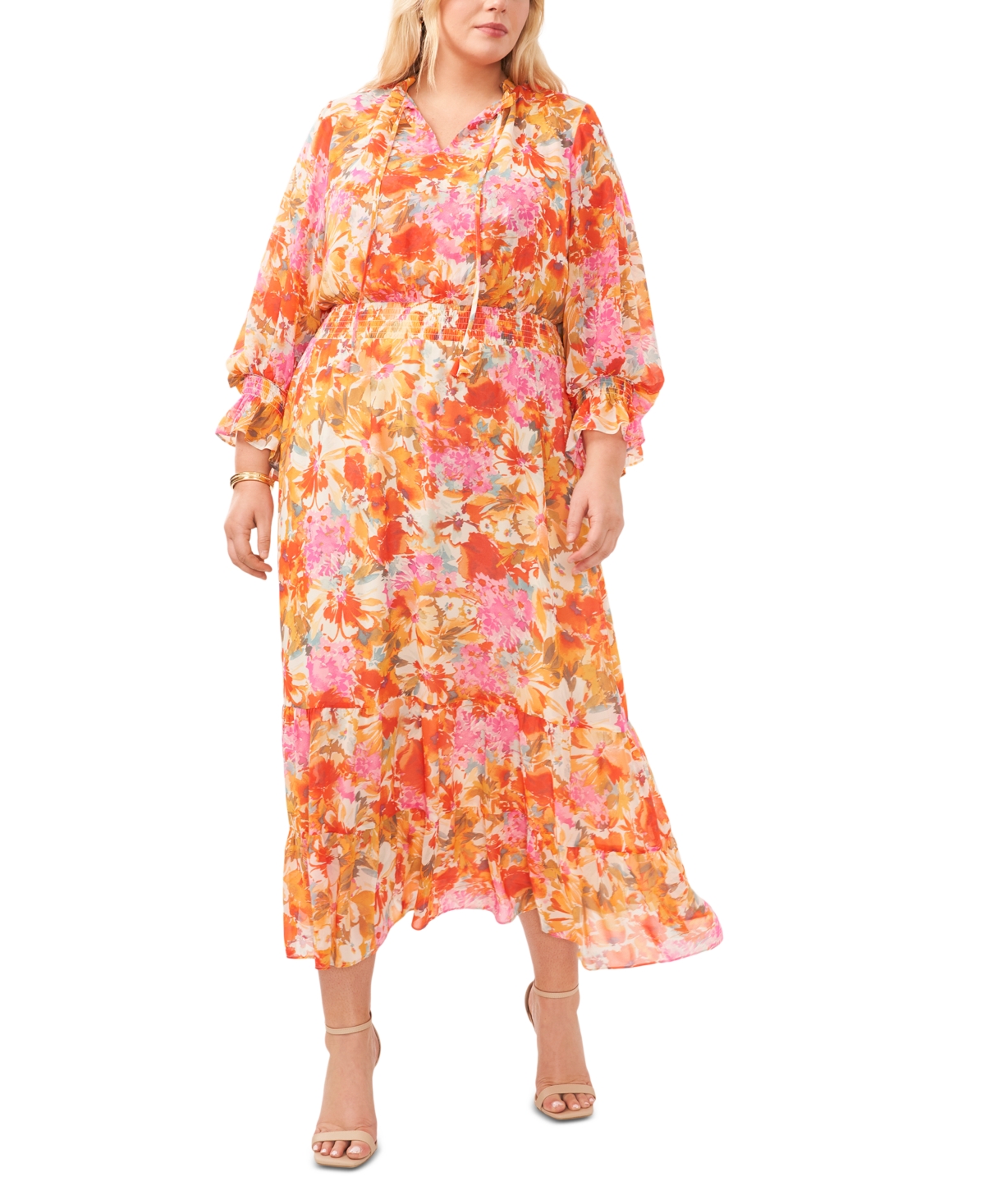 Shop Vince Camuto Plus Size Long-sleeve Floral-print Maxi Dress In Tulip Red