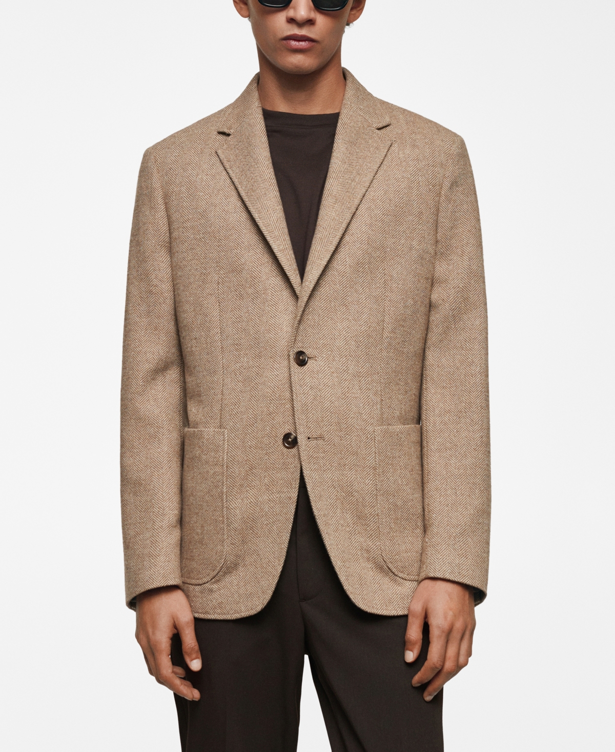 Men's Slim-Fit Herringbone Wool Suit Jacket - Beige