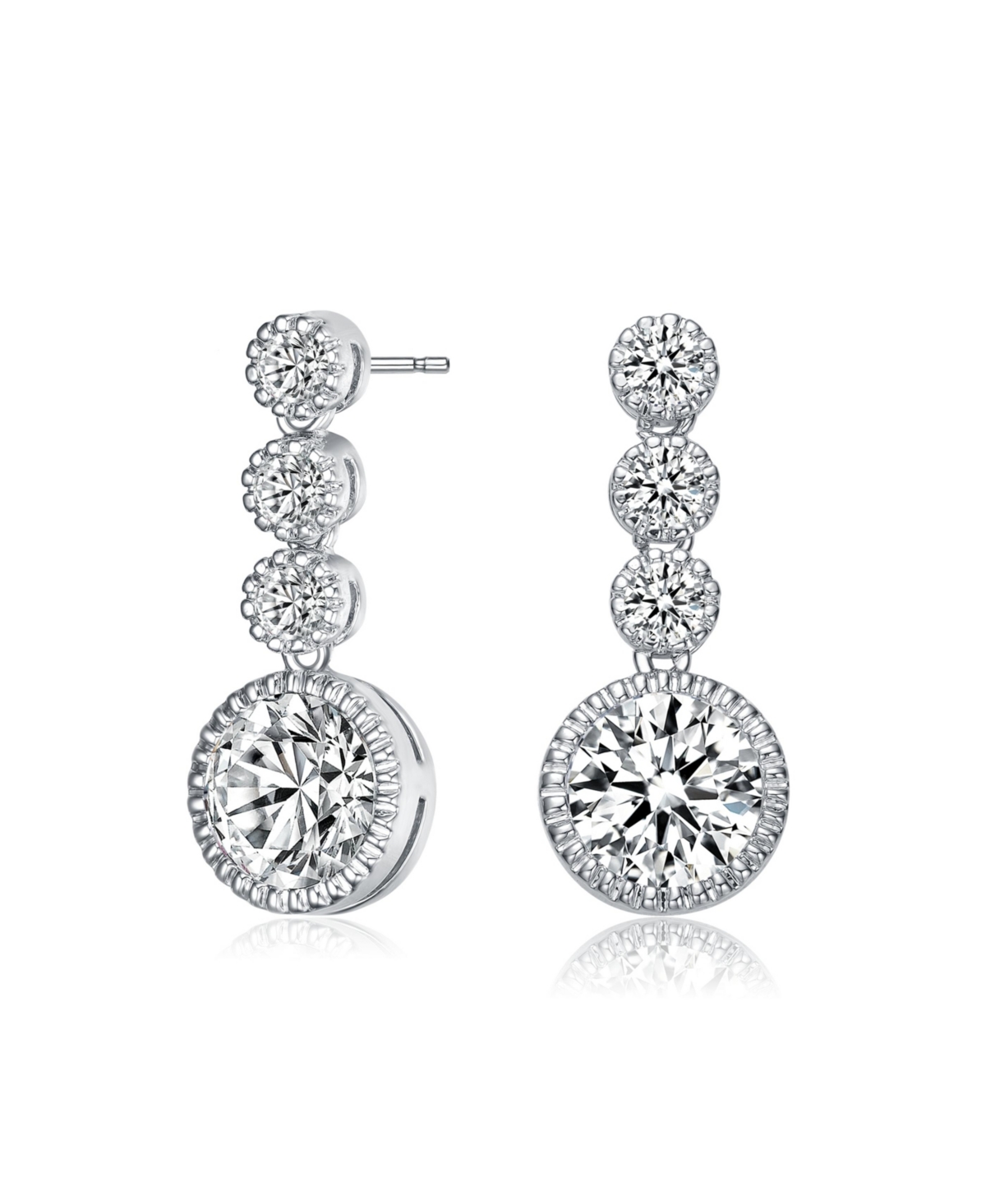 Sterling Silver with White Gold Plated Clear Round Cubic Zirconia Bezel Set Three Tier Drop Earrings - Silver