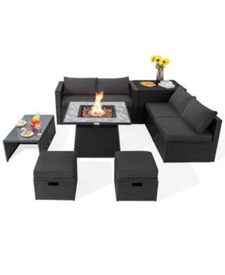 9 Pieces Outdoor Wicker Sectional with 35 Inch Gas Fire Pit Table