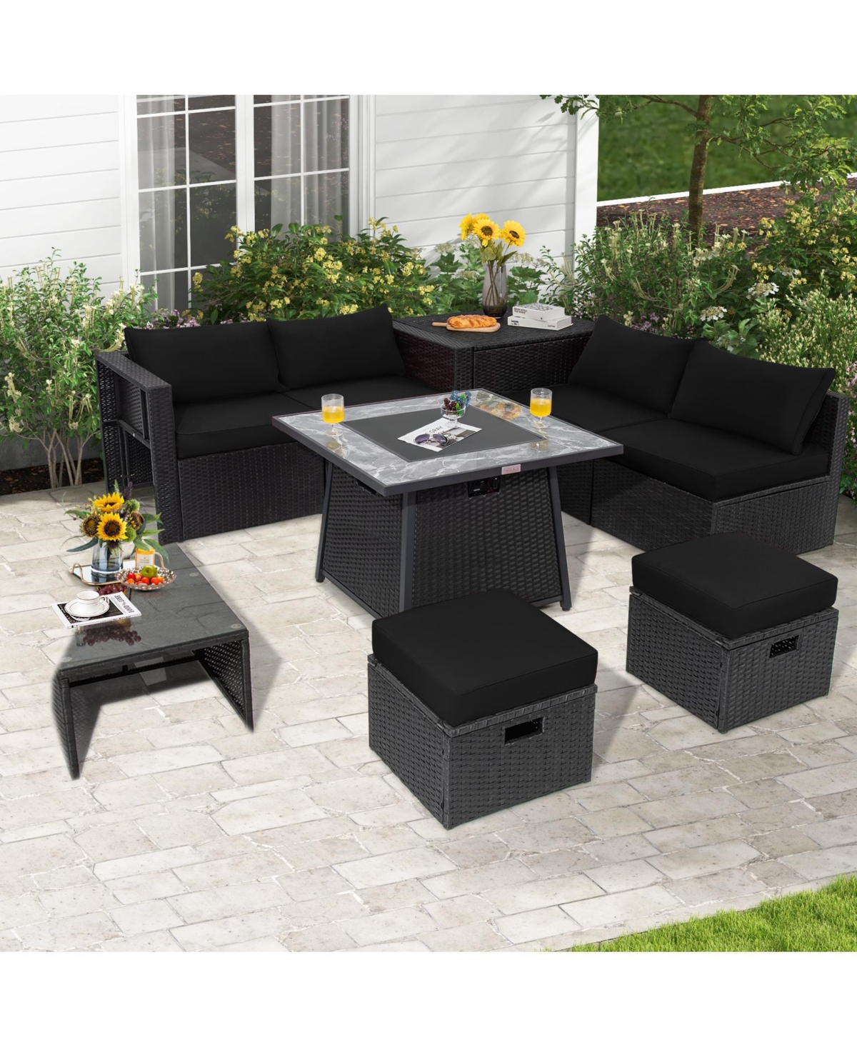 Slickblue 9 Pieces Outdoor Wicker Sectional with 35 Inch Gas Fire Pit Table
