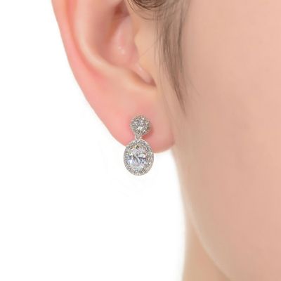 Sterling Silver with White Gold Plated Clear Oval and Round Cubic Zirconia Halo with Cluster Post Drop Earrings