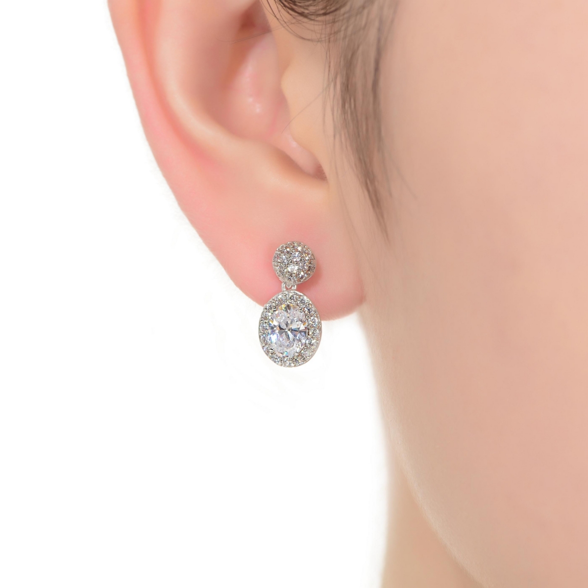 Sterlingwith White Gold Plated Clear Oval and Round Cubic Zirconia Halo with Cluster Post Drop Earrings - Silver