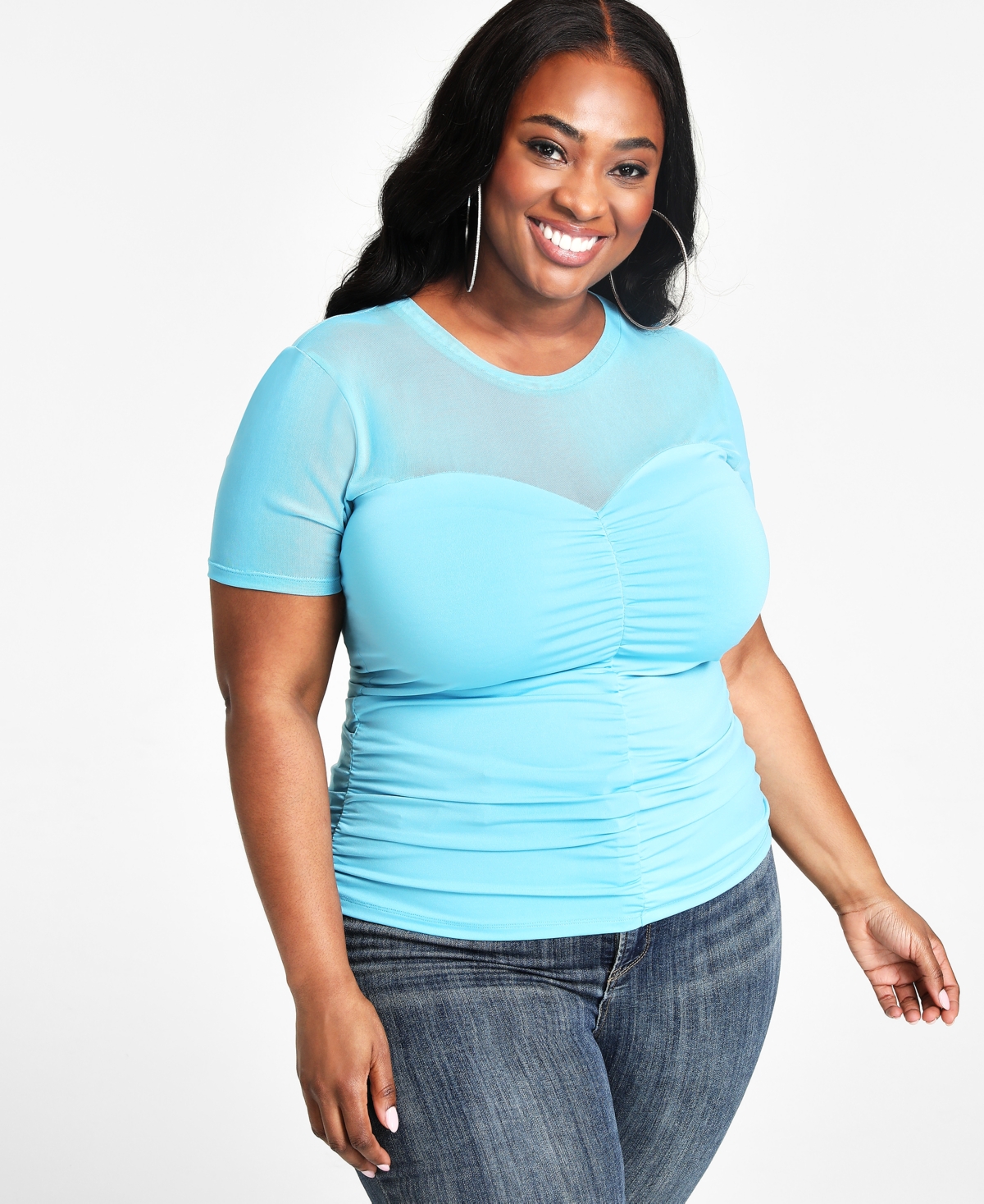 Trendy Plus Size Ruched Knit Top - Turquoise Pool