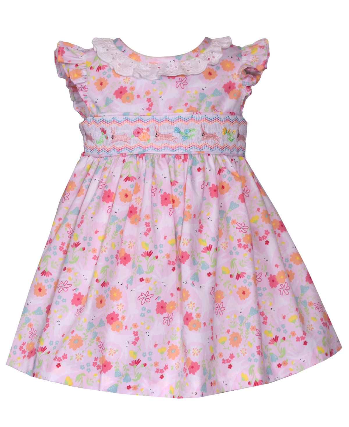 Bonnie Baby Baby Girls Smocked Flutter Sleeved Bunny Print Poplin Dress In Pink