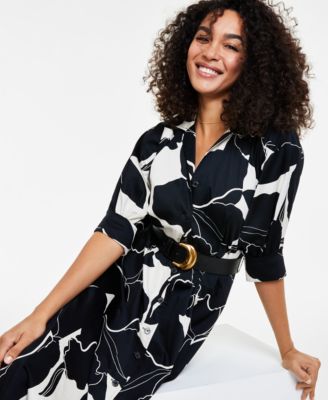 Women's Printed Faux-Leather Belt Midi Shirtdress