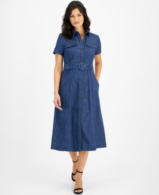 Anne Klein - Women's Stretch Denim Belted Midi Shirt Dress