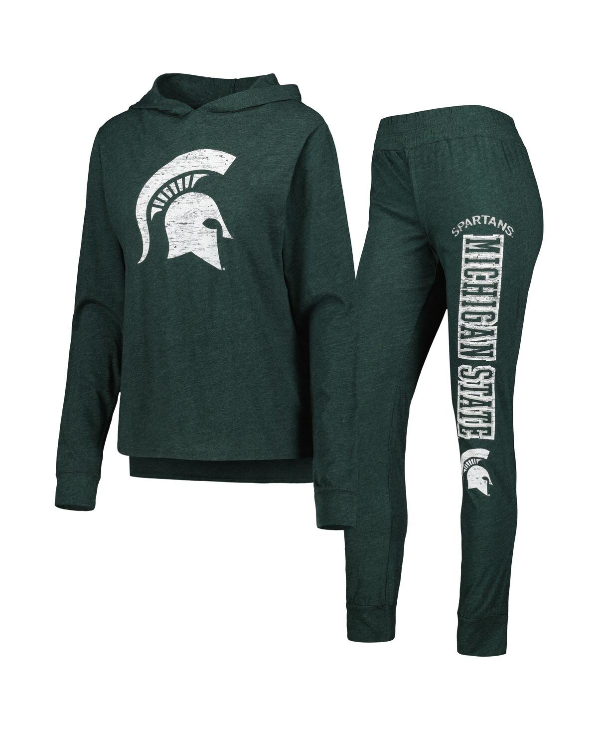 Concepts Sport Women's  Heathered Green Distressed Michigan State Spartans Long Sleeve Hoodie T-shirt In Heather Green