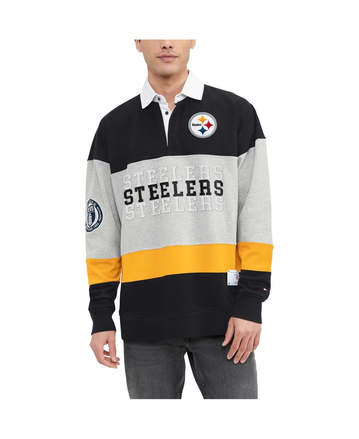 Tommy Hilfiger Men's  Black Pittsburgh Steelers Connor Oversized Rugby Long Sleeve Polo Shirt
