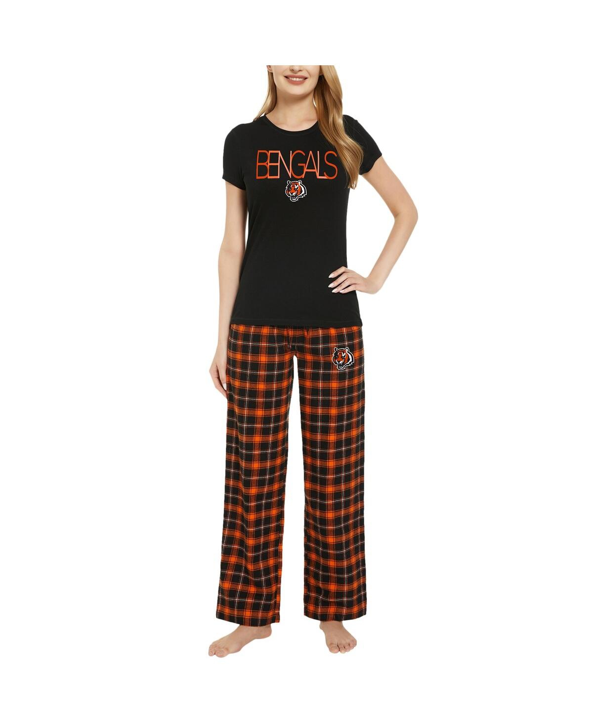 Concepts Sport Women's  Black, Orange Cincinnati Bengals Arcticâ T-shirt And Flannel Pants Sleep Set In Black,orange