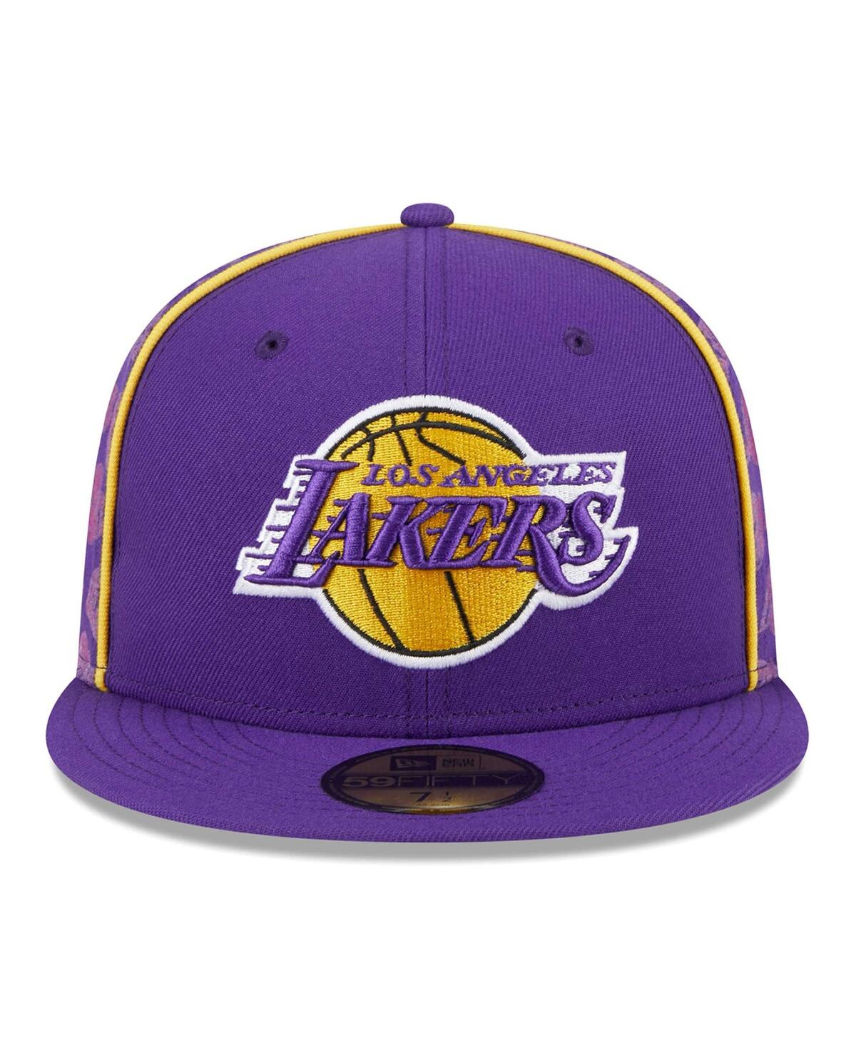 Shop New Era Men's  Purple Los Angeles Lakers Piped And Flocked 59fifty Fitted Hat