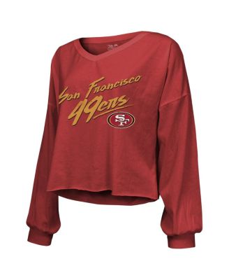 Women's Threads Brock Purdy Scarlet Distressed San Francisco 49ers Name and Number Script Off-Shoulder Cropped Long Sleeve T-shirt