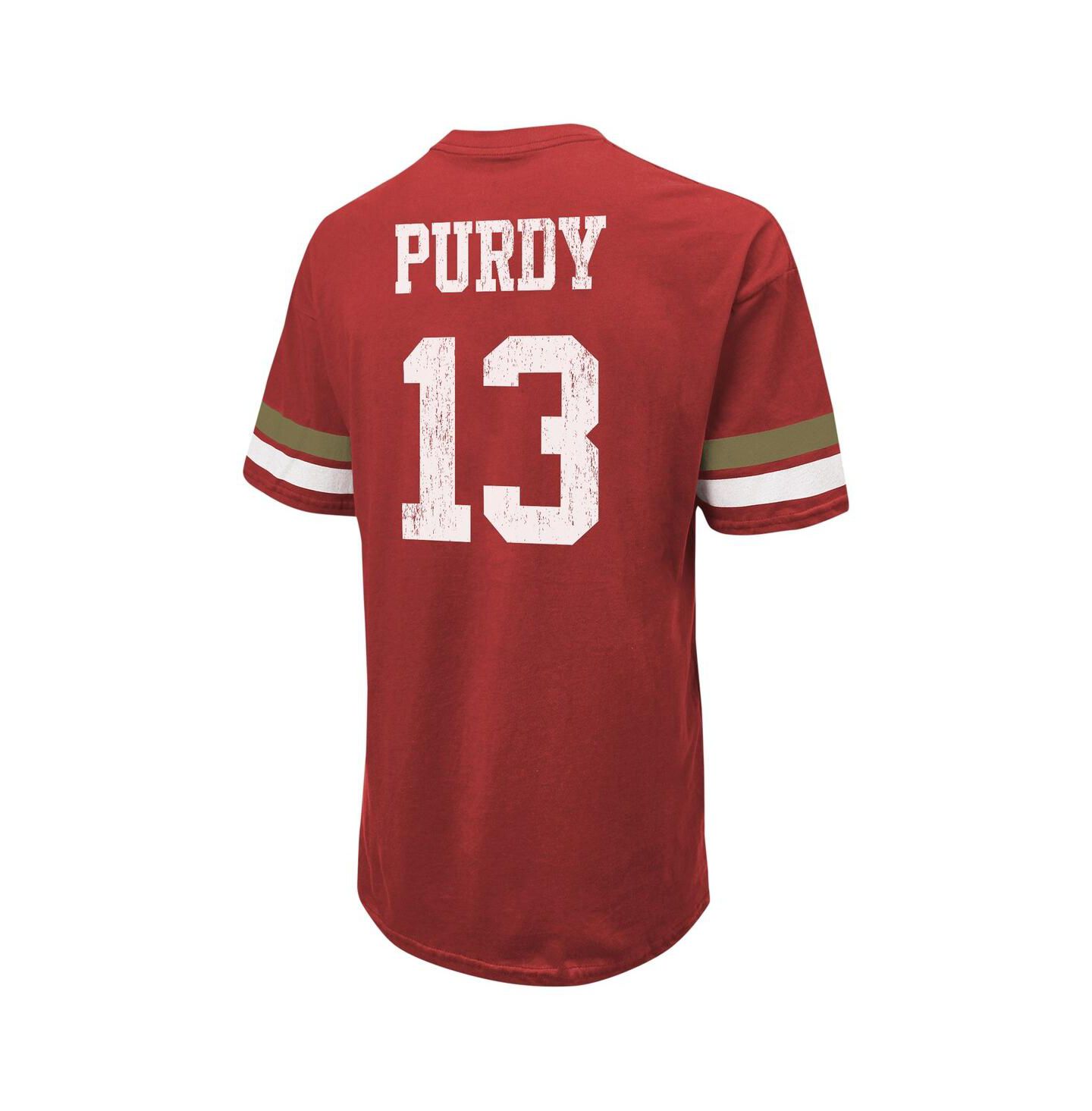 Мужская футболка Majestic Threads Brock Purdy Scarlet Distressed San Francisco 49ers Name and Number Oversize Fit — фото 3