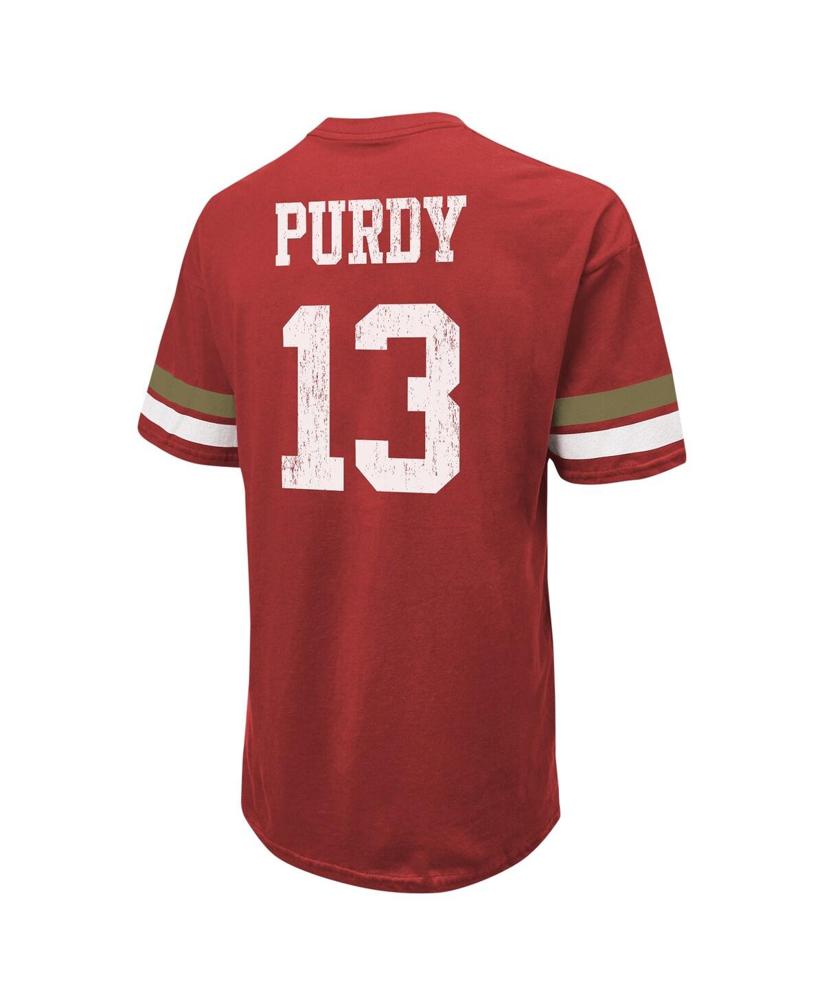 Men's Majestic Threads Brock PurdyDistressed San Francisco 49ers Name and Number Oversize Fit T-shirt - Scarlet