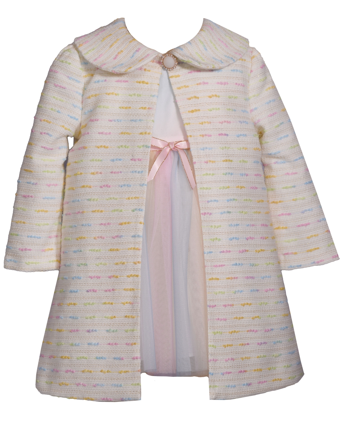 Bonnie Baby Baby Girls Long Sleeved Rainbow Boucle Coat And Collar Over Rainbow With Bow Mesh Dress Set In Multi
