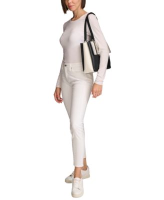 Clove Mixed Material Push-Lock Triple Compartment Tote Bag