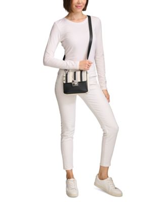 Clove Mixed Material Push-Lock Crossbody with Adjustable Strap