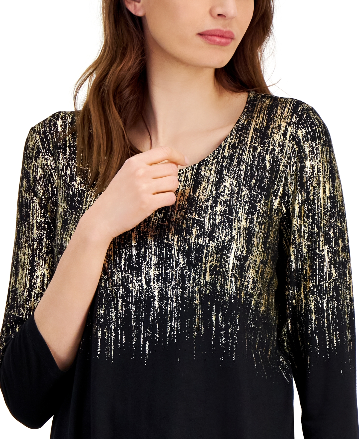 Shop Jm Collection Women's Foil-print Knit 3/4-sleeve Top, Created For Macy's In Gold