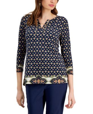 JM Collection - Women's Chain Lace-Up Border-Print Tunic