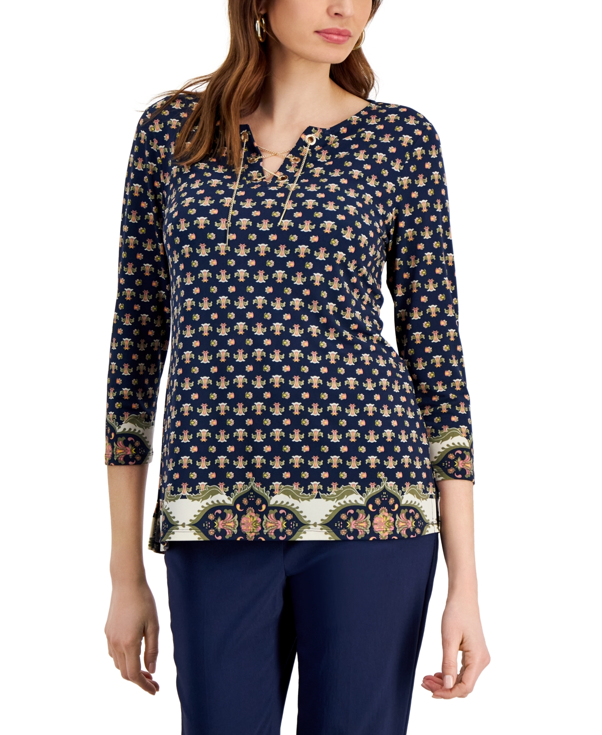 Women's Chain Lace-Up Border-Print Tunic, Created for Macy's - Intrepid Blue Combo