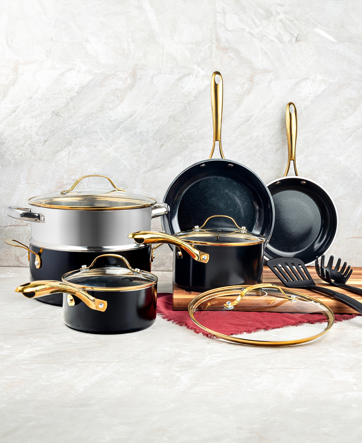 Shop Gotham Steel Natural Collection Ceramic Coating Non-stick 15-piece Cookware Set With Gold-tone Handles In Black