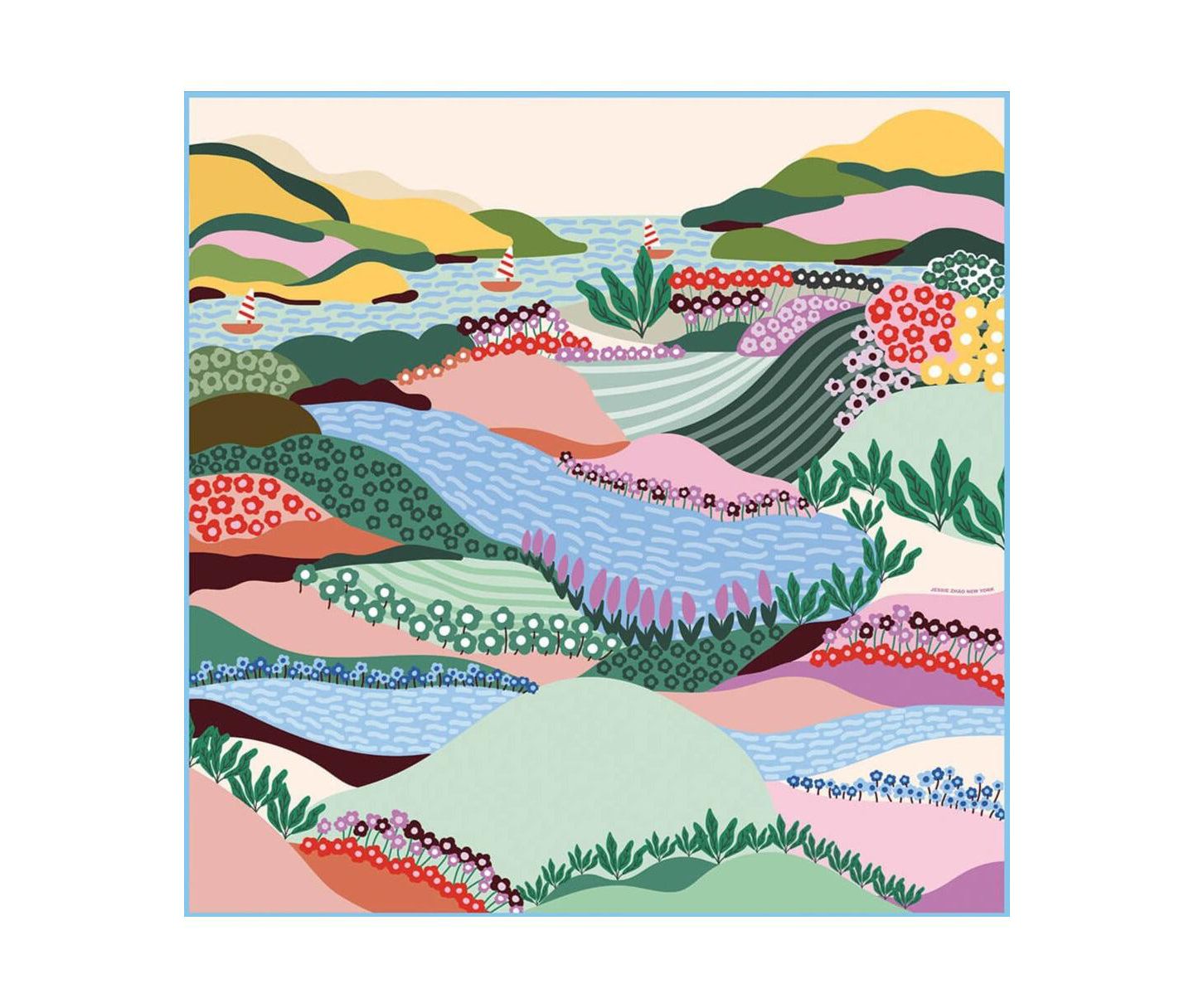 Jessie Zhao New York Double Sided Silk Scarf Of Summer, цвет: Синий / Розовый — фото 1
