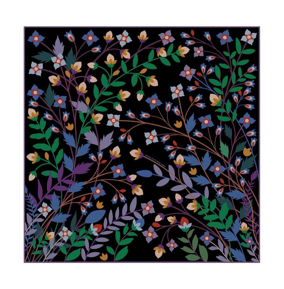 Double Sided Silk Scarf Of Night Garden - Black and purple