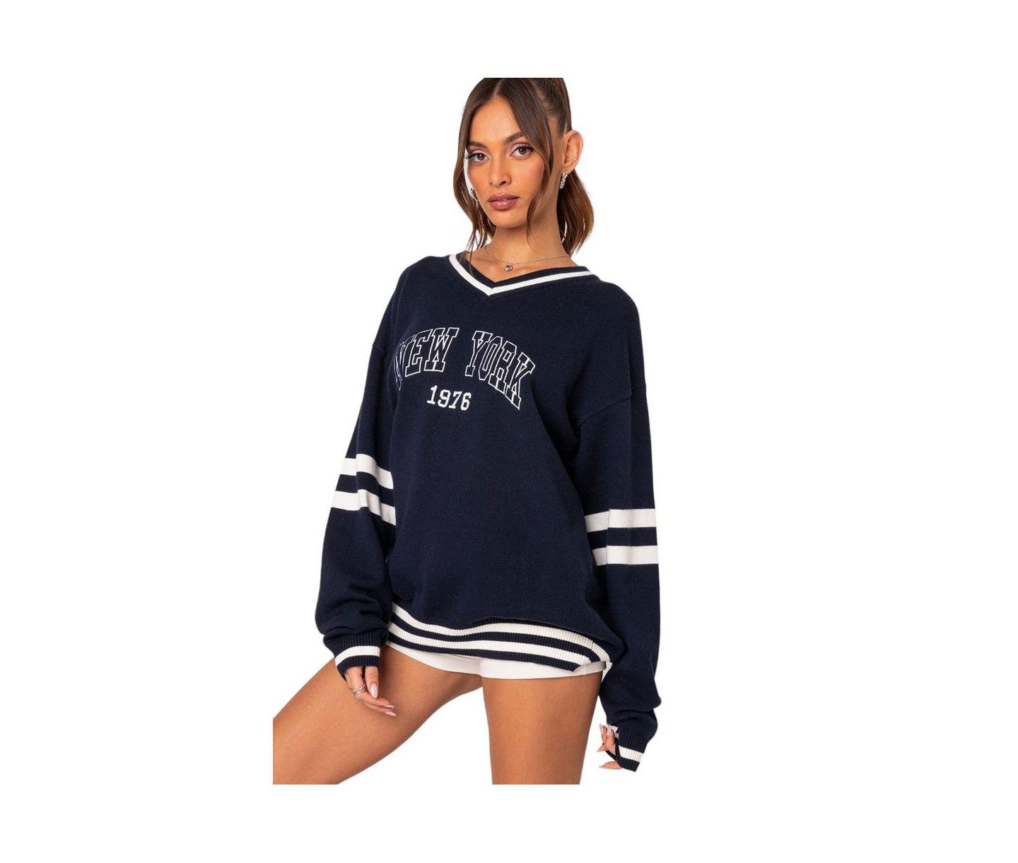 Женский свитер Edikted 90s In New York oversized sweater, цвет: Тёмно-синий — фото 3