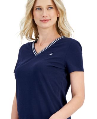 Women's Solid Stripe-Trim V-Neck