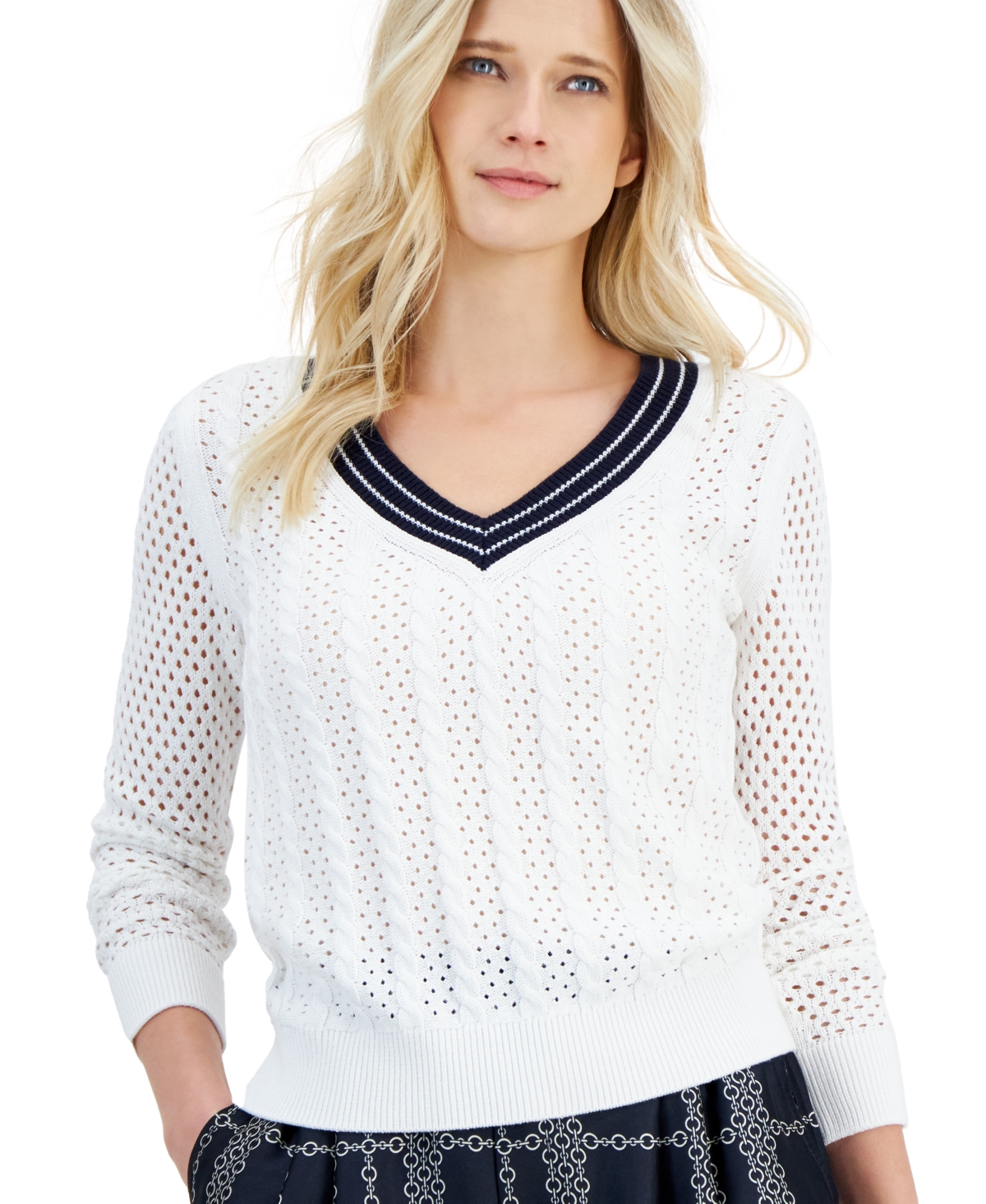 Shop Nautica Women's Cotton Mixed-stitch V-neck Sweater In Natural