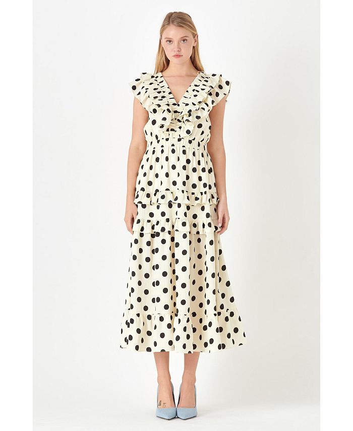 English Factory Women's Polka Dot Print Ruffle Detail Maxi Dress - Macy's
