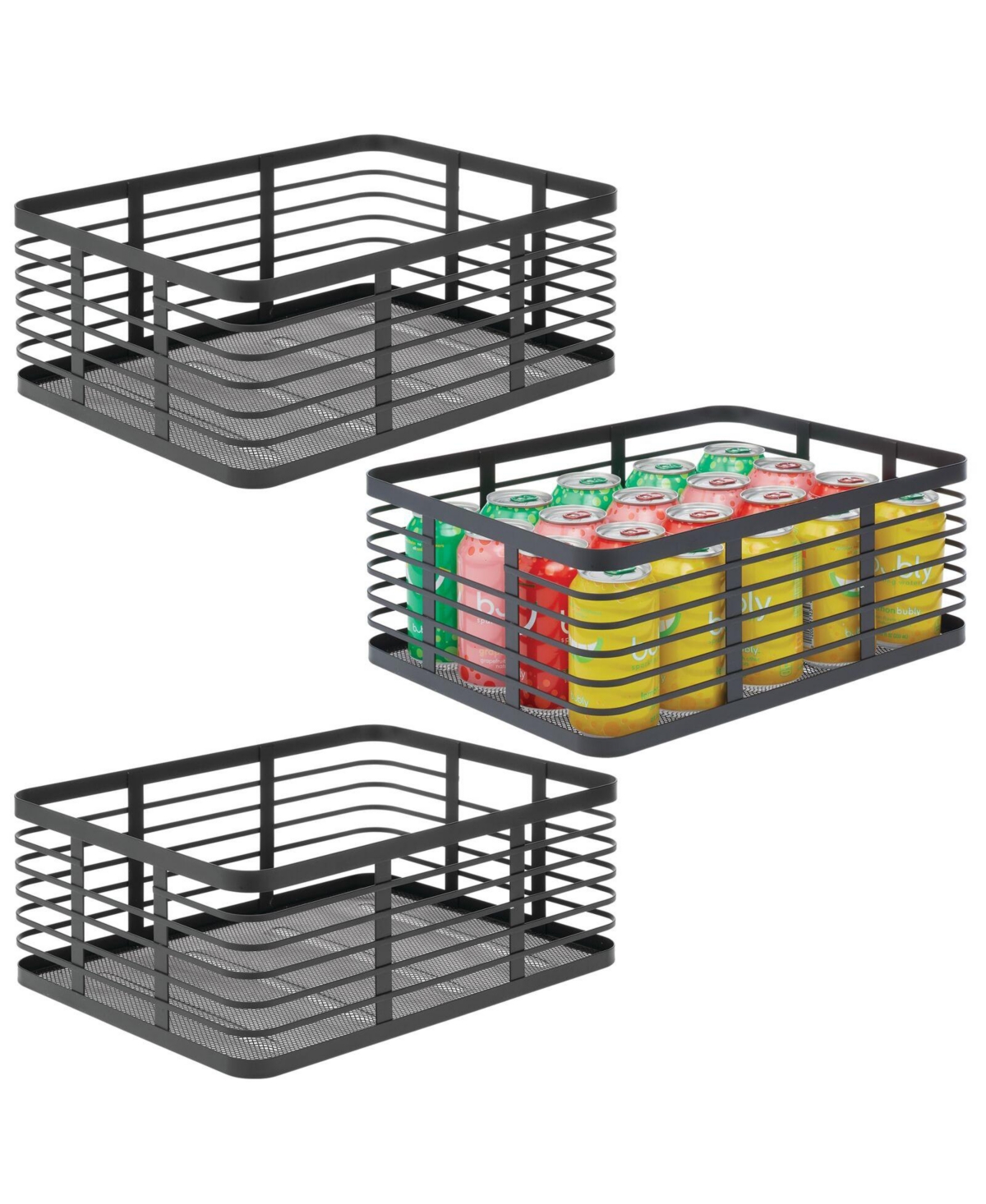 Large Steel Metal Kitchen Organizer Basket, Handles, 3 Pack - Black
