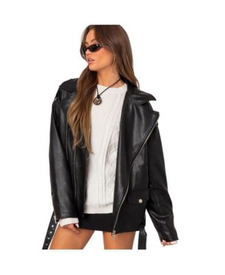 MOUSSY【FAUX LEATHER BIG JACKET】 Yousify Womens Biker Jacket Oversized Casual Long Sleeve
