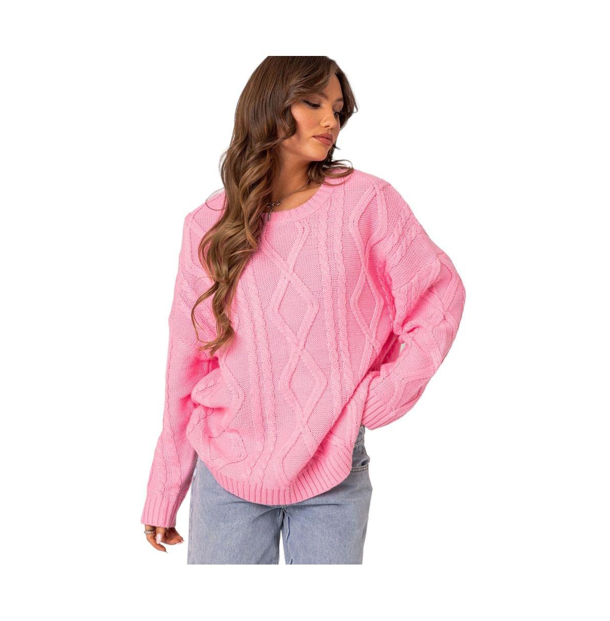 Shop Edikted Women's Kennedy Oversized Cable Knit Sweater In Pink