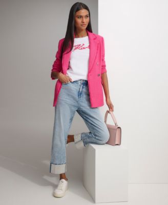 Shop Karl Lagerfeld Womens Tweed Blazer Floral Short Sleeve Graphic T Shirt Rhinestone Cuff Jeans In Fuchsia