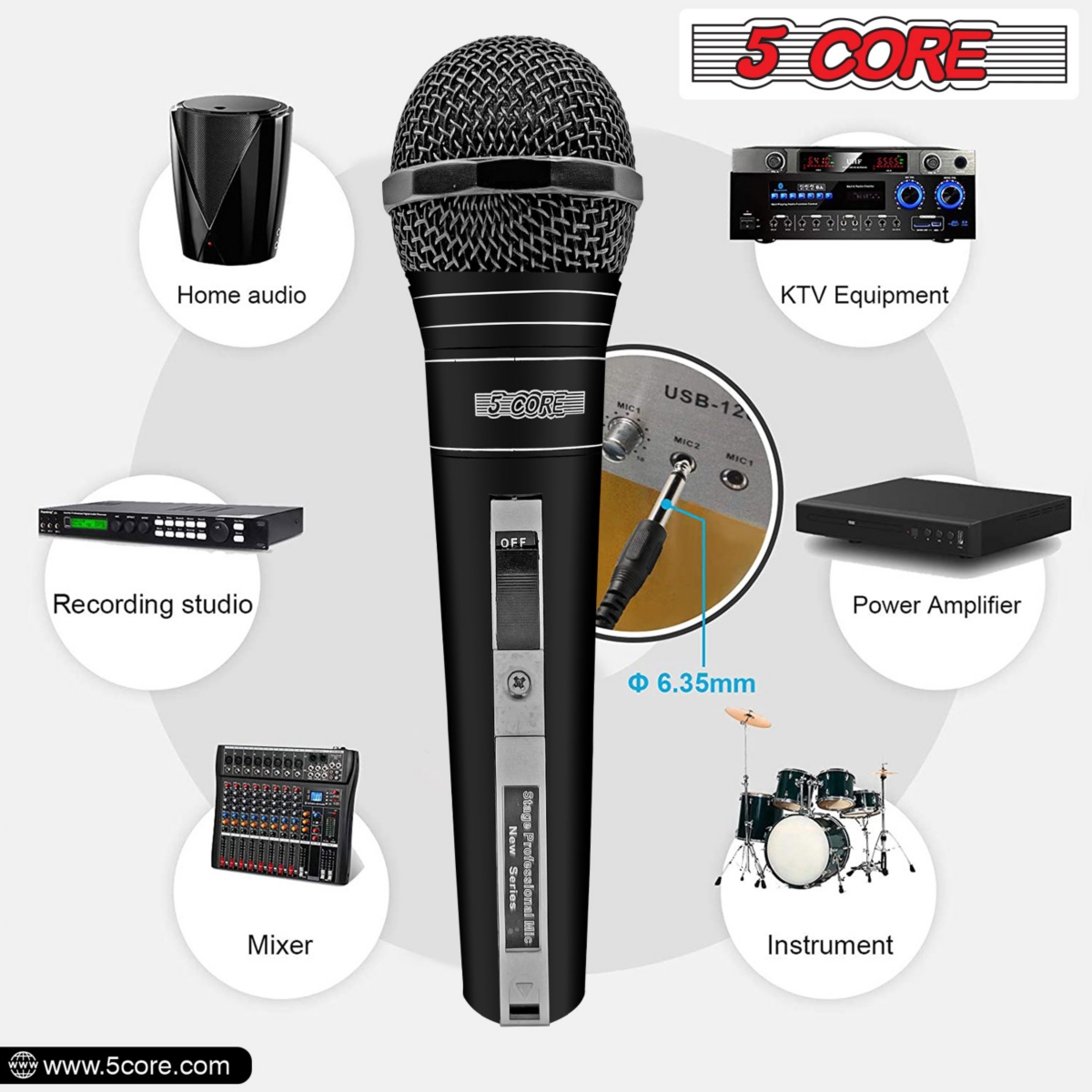 5 Core Microphone Xlr Dynamic Mic Karaoke Singing Handheld Microfono Wired Professional Unidirectional 1/4 Plug In Cord Connection for Vocal Dj Music