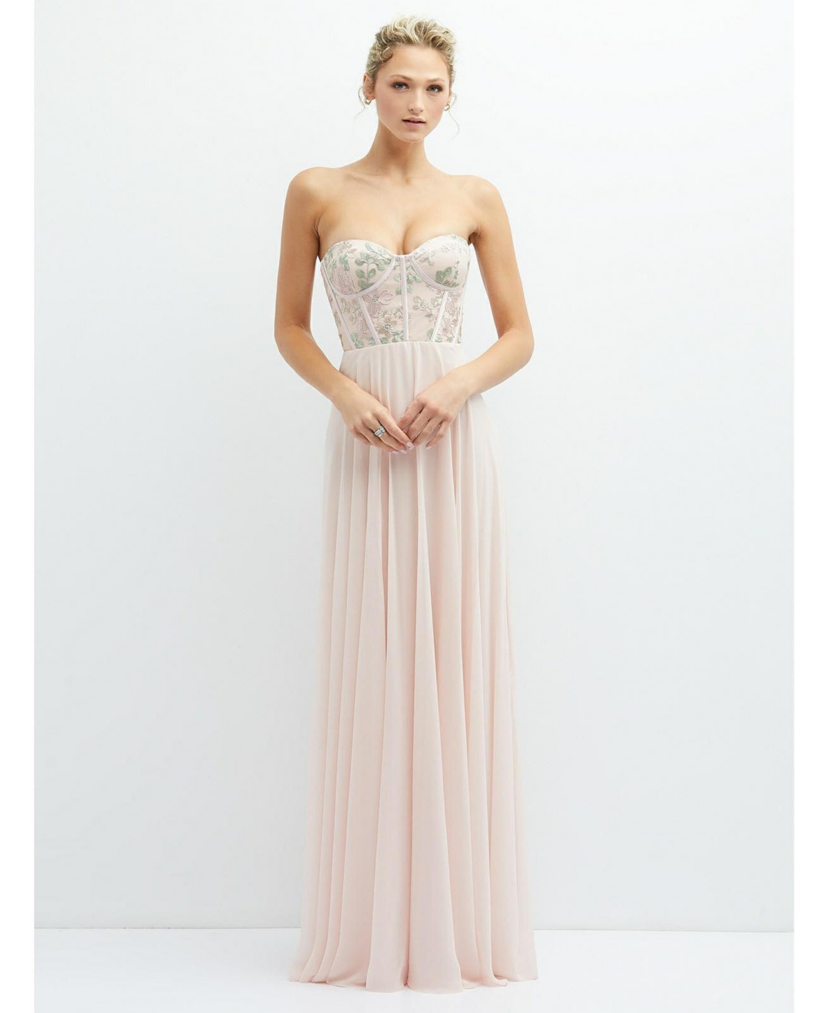 Strapless Floral Embroidered Corset Maxi Dress with Chiffon Skirt - Blush