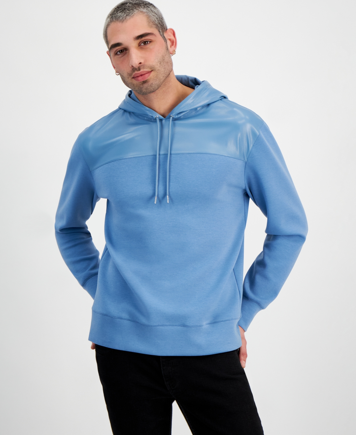 Inc International Concepts Men's Regular-fit Faux-leather Pieced Hooded Sweatshirt, Created For Macy's In Chalky Blue