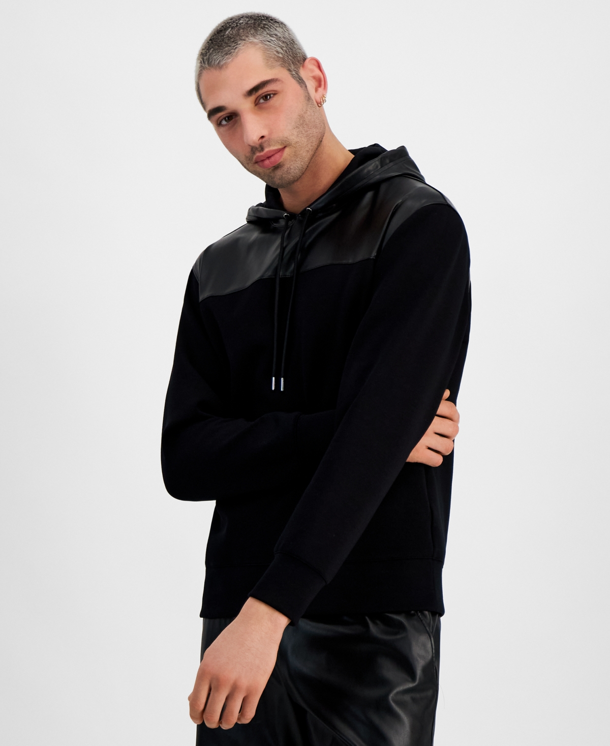Inc International Concepts Men's Regular-fit Faux-leather Pieced Hooded Sweatshirt, Created For Macy's In Deep Black