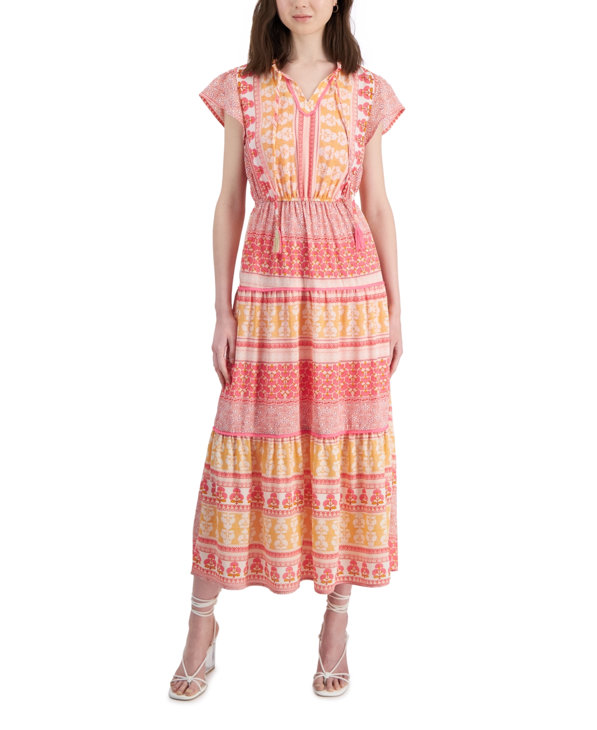 Petite Floral-Print Flutter-Sleeve Tie-Neck Tiered Maxi Dress - Multi Border Pink Orange