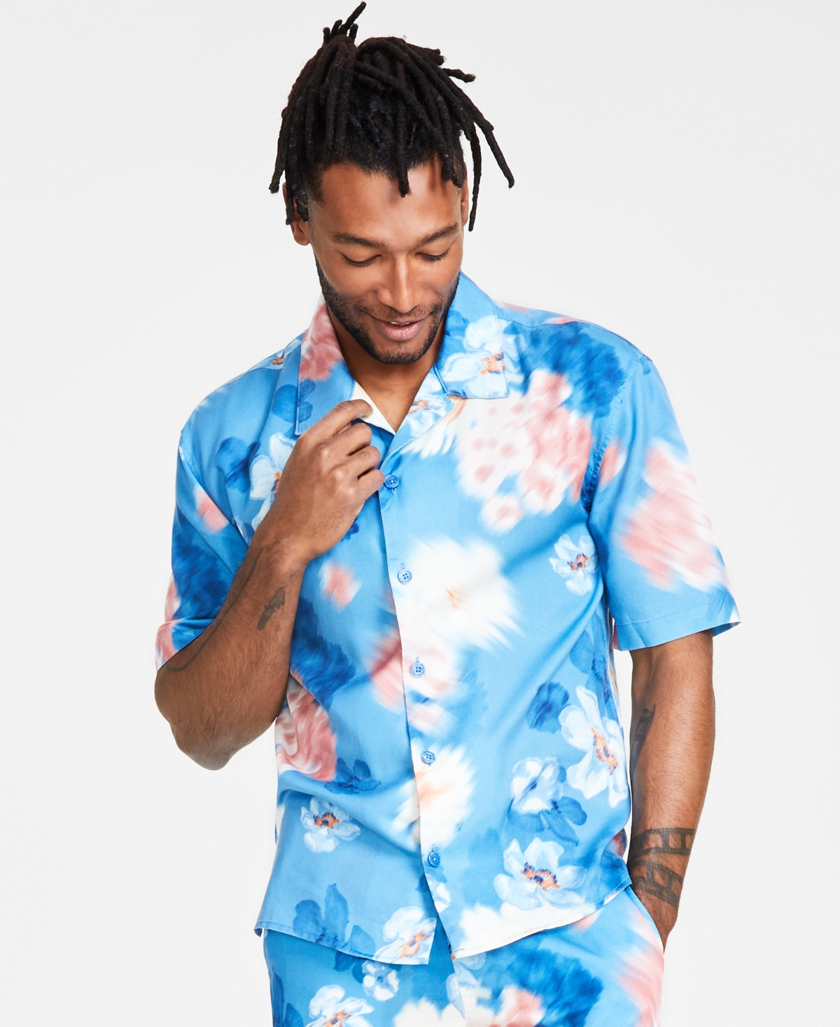 Men's Jackson Regular-Fit Floral-Print Button-Down Camp Shirt, Created for Macy's - Chalky Blue